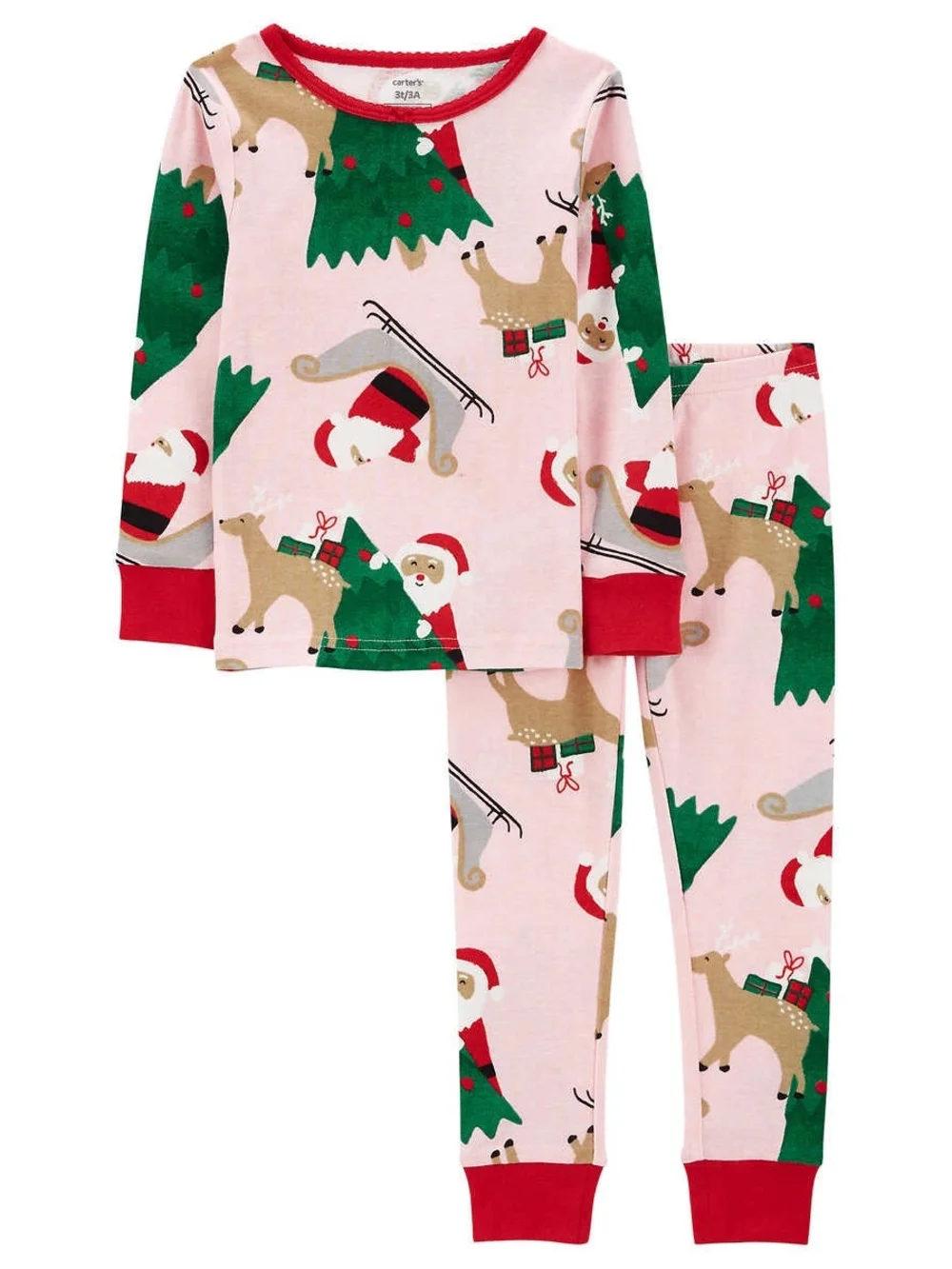 NWT Carter's Pink Holiday Santa & Reindeer Pajama Set w/ Green Trees & Red Trim